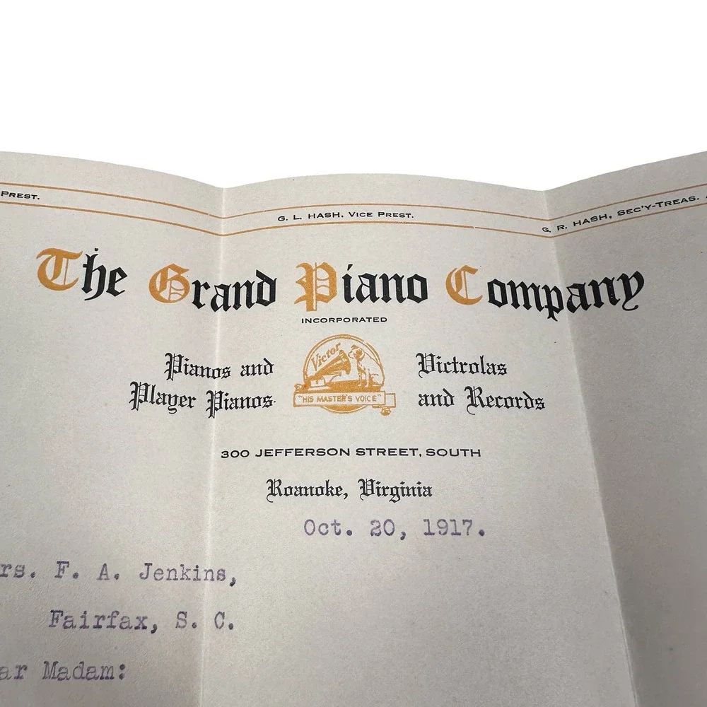 Antique F.A. Jenkins 1917 Grand Piano Co Roanoke VA‎ Letterhead Victor Victrola